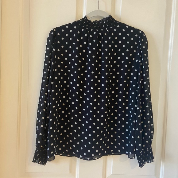 J.Crew Smocked Dot Crinkle Chiffon Top Size Small Polka Dot Black Blouse - Picture 4 of 7